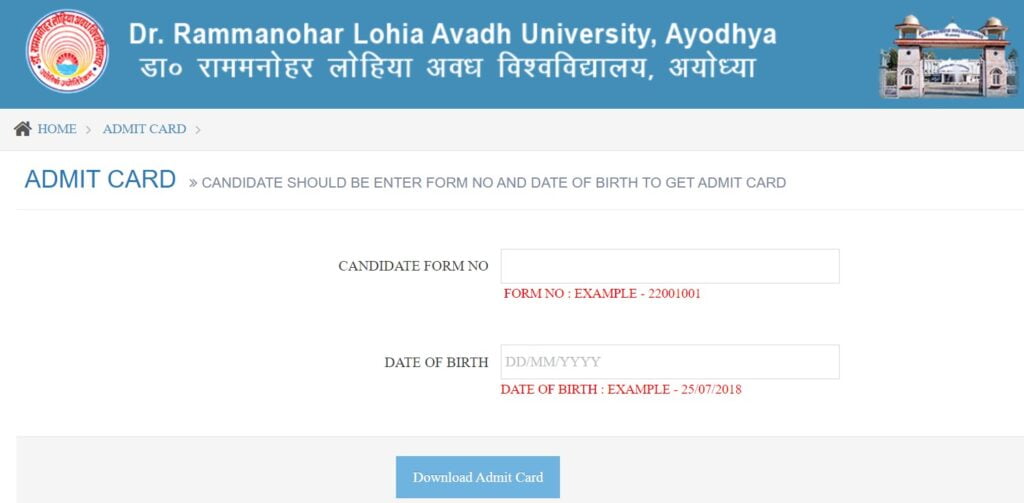 rmlau admit card