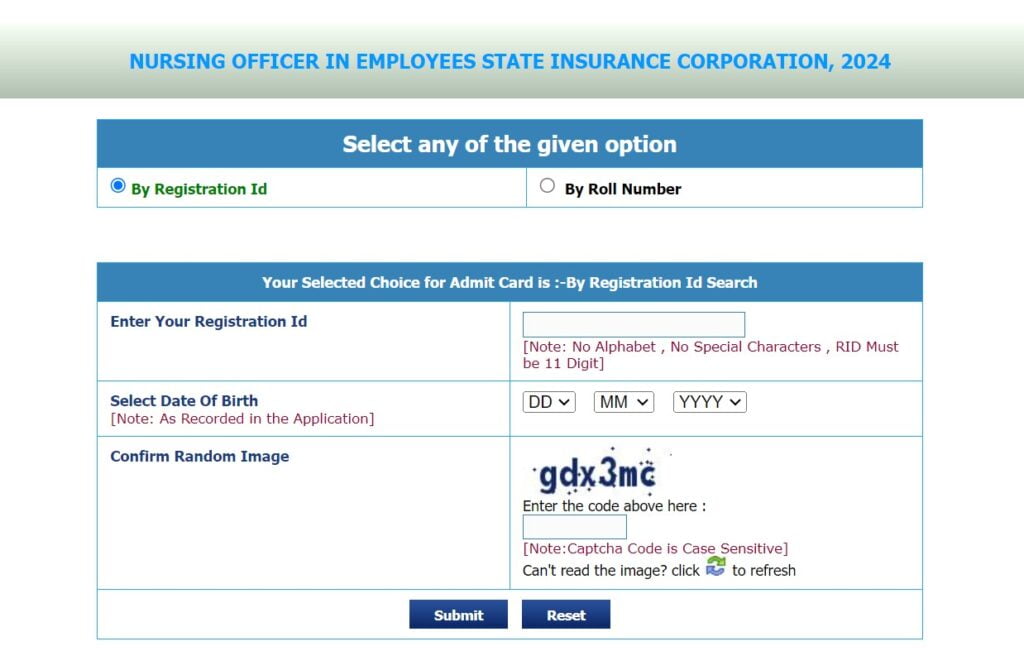 ESIC NURSING OFFICER ADMIT CARD