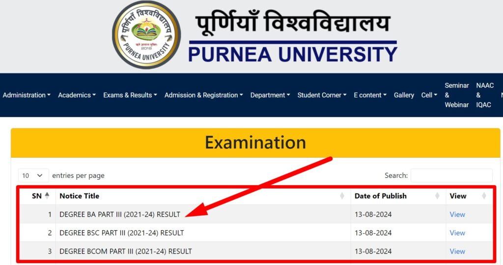 Purnea University Part 3 Result