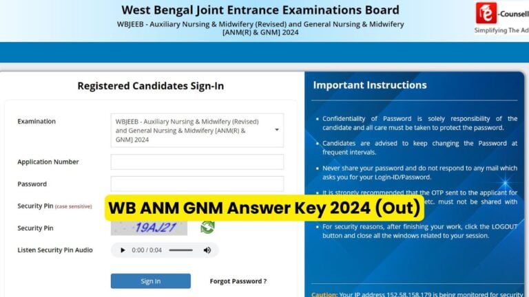 WB ANM GNM Answer Key 2024