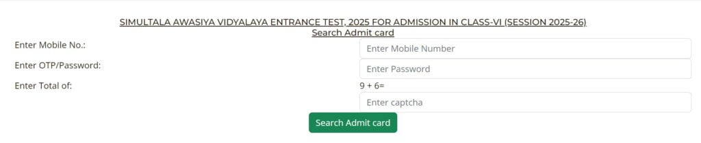 SAV Bihar Class 6 Dummy Admit Card